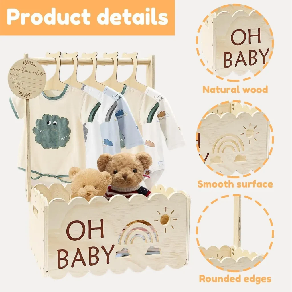 Cesta para Baby Shower con percha, caja de madera con asa, cajas decorativas para hija, familia, bautismo, ducha de exhibición