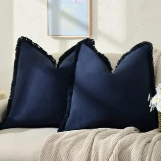 Fundas de almohada 16X16 Juego de 2 fundas de almohada azul marino con flecos almohadas decorativas de algodón elegantes fundas de cojín cuadradas para sofá
