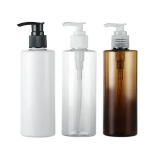 Botella rellenable de hombro plano PET, color marrón y blanco, 250ML X 25, para maquillaje líquido, loción de plástico, botella con bomba para contenedores de champú