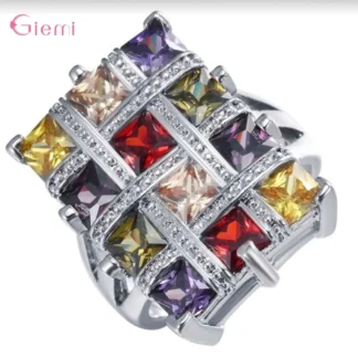 Anillo de plata de primera ley y circón cuadrado para mujer, sortija, plata esterlina 925, Circonia cúbica, zirconia, circonita, zirconita, varios colores, pedrería CZ grande