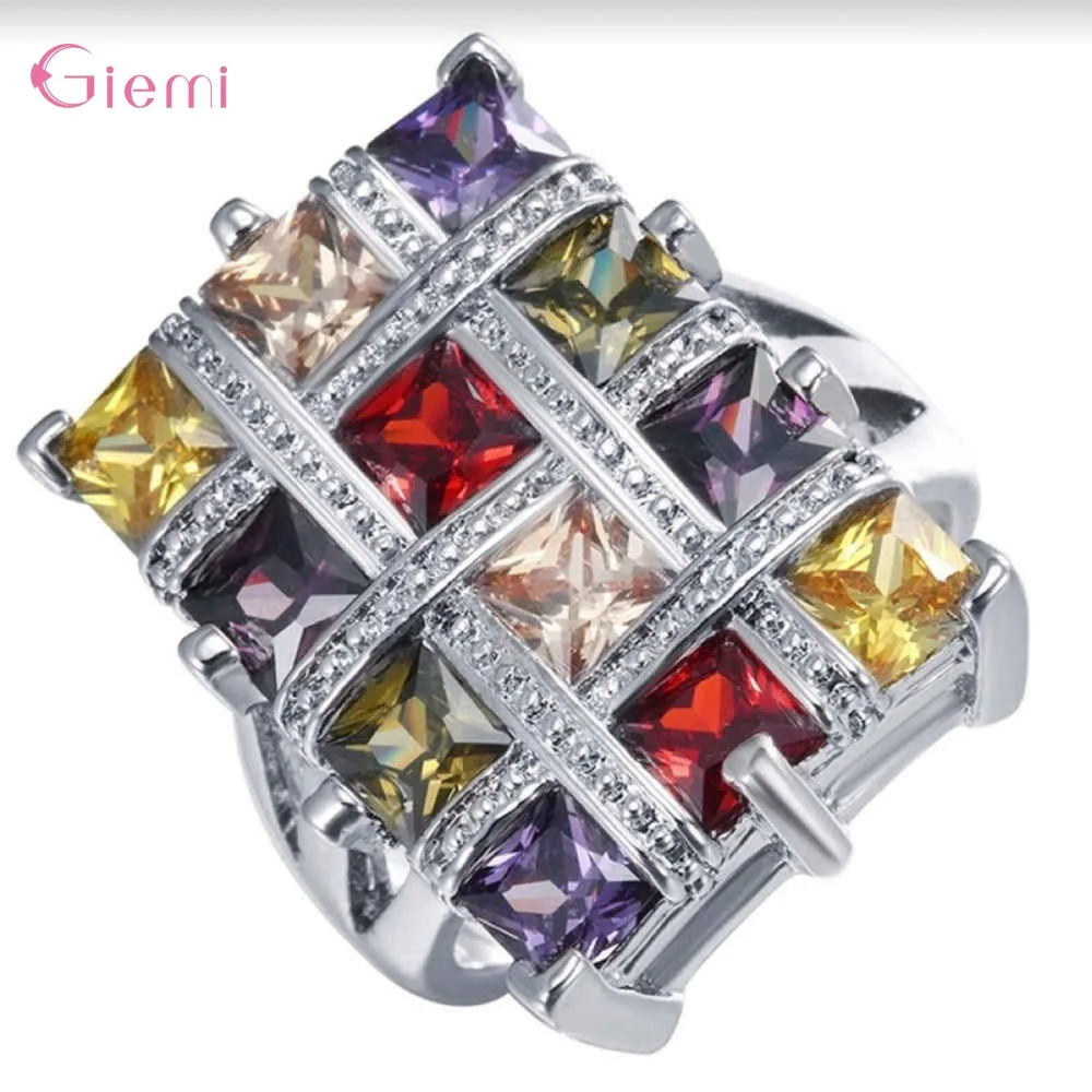 Anillo de plata de primera ley y circón cuadrado para mujer, sortija, plata esterlina 925, Circonia cúbica, zirconia, circonita, zirconita, varios colores, pedrería CZ grande