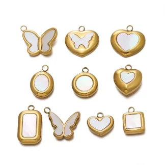 2 uds. Colgante cuadrado de acero inoxidable con forma de corazón y mariposa de concha blanca para DIY, collar, pendientes, pulsera, suministros para fabricación de joyas