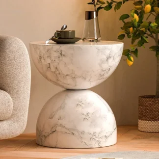 Mesa de centro nórdica de óxido de magnesio para casa de invitados, mesa auxiliar de sofá estilo crema con reloj de arena para sala de estar, mesa de esquina redonda