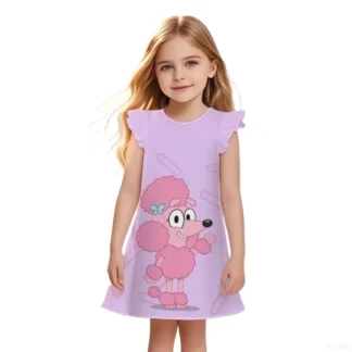 Vestido de verano para niños, vestido de niña con patrón de perro pequeño bonito de dibujos animados, vestido de princesa con mangas voladoras