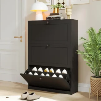 Zapatero con 3 cajones abatibles, gabinete de almacenamiento de zapatos independiente con estante ajustable y dispositivo antivuelco, zapatero