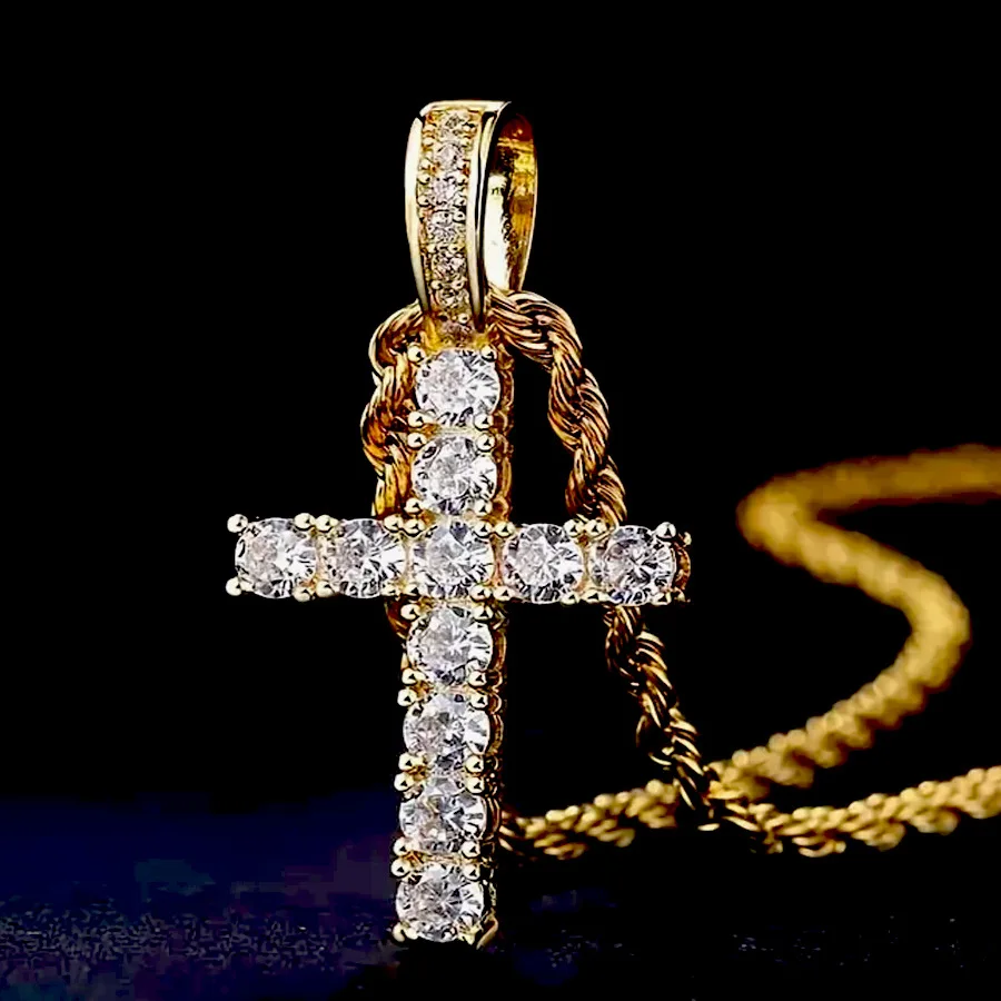 Collar con colgante de cruz de Hip Hop helado de Color dorado Unisex, accesorio de cadena de joyería llamativo a la moda, precio al por mayor