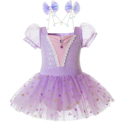 Vestido de baile morado para niñas de 3 a 8 años, traje de entrenamiento de Ballet, vestido de princesa de tul con estampado de estrellas de encaje de lujo, trajes temáticos de Rapunzel