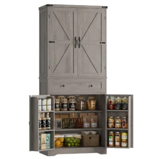 Gabinete de despensa alto de 71"", gabinete de almacenamiento de despensa de cocina de granja con estantes colgantes, hucha de cocina con puertas de granero con almacenamiento