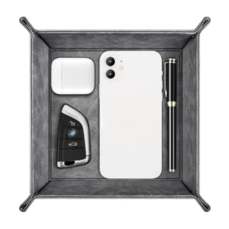 Organizador de almacenamiento de escritorio con bandeja de valet, contenedor de cuero Pu de primera calidad, bandeja de tocador para mesita de noche, soporte Caddy para control remoto