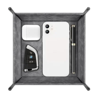Organizador de almacenamiento de escritorio con bandeja de valet, contenedor de cuero Pu de primera calidad, bandeja de tocador para mesita de noche, soporte Caddy para control remoto