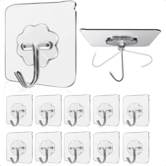 Ganchos de pared de 33 libras máximos, transparentes, sin costuras, impermeables y resistentes al aceite, ganchos adhesivos para abrigos y toallas, paquete de 10