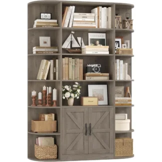 Estantería y librería alta de 75 pulgadas, estantería de 6 niveles con almacenamiento, estantería ancha de 47 pulgadas con puerta, exhibición independiente de madera