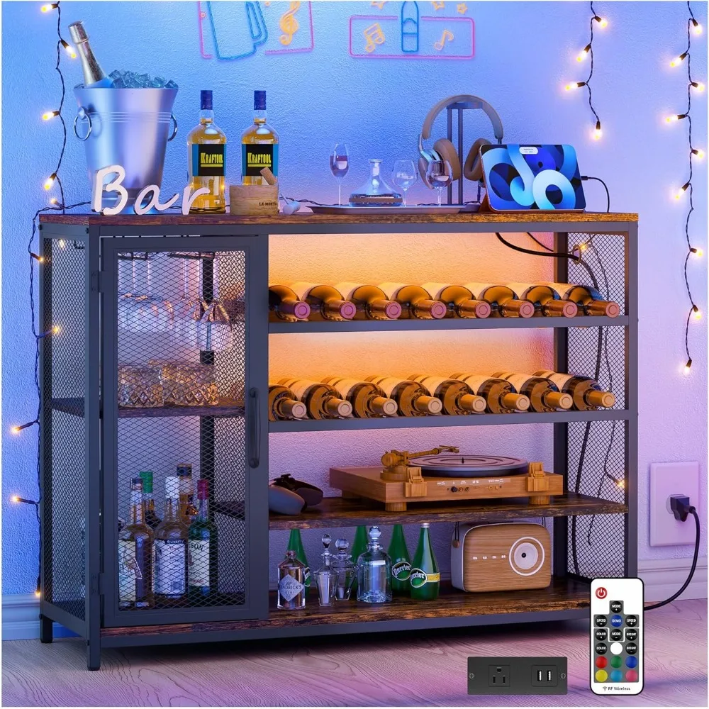 Gabinete de barra LED para el hogar, gabinete de barra de vino regulable con luces LED y estación de carga, gabinete de licores para bar en casa con estantería