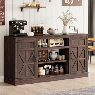 Gabinete de bar de café de granja de 66"" con estación de carga, aparador de buffet con almacenamiento grande, almacenamiento de buffet de madera