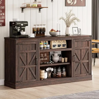 Gabinete de bar de café de granja de 66"" con estación de carga, aparador de buffet con almacenamiento grande, almacenamiento de buffet de madera