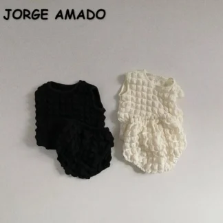 Conjuntos de verano para bebés y niñas, Top sin mangas con cuello redondo y rejilla de burbujas en negro y Beige + pantalones cortos de pan, ropa para recién nacidos A15613
