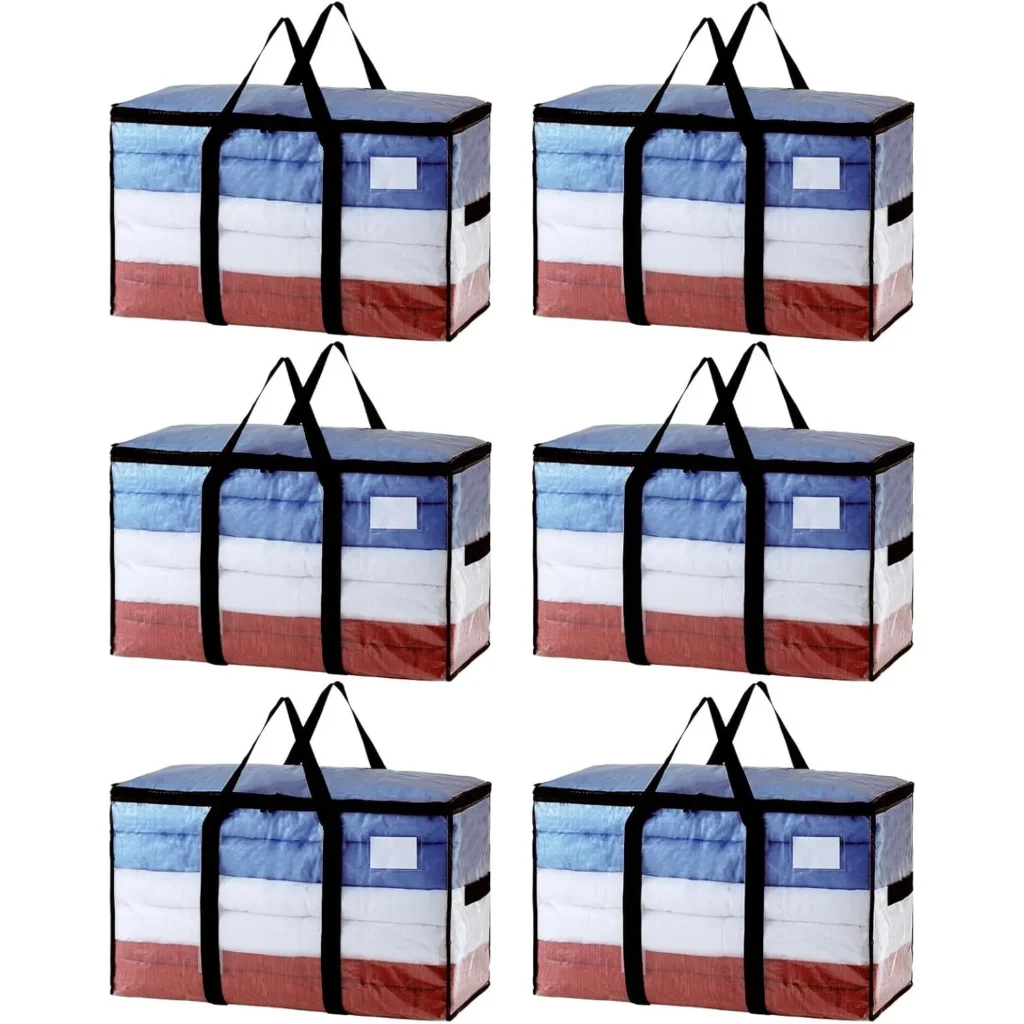 Bolsas para mudanzas extragrandes, paquete de 6 bolsas transparentes resistentes para almacenamiento con ventana visible, asas envolventes, bolsas de almacenamiento