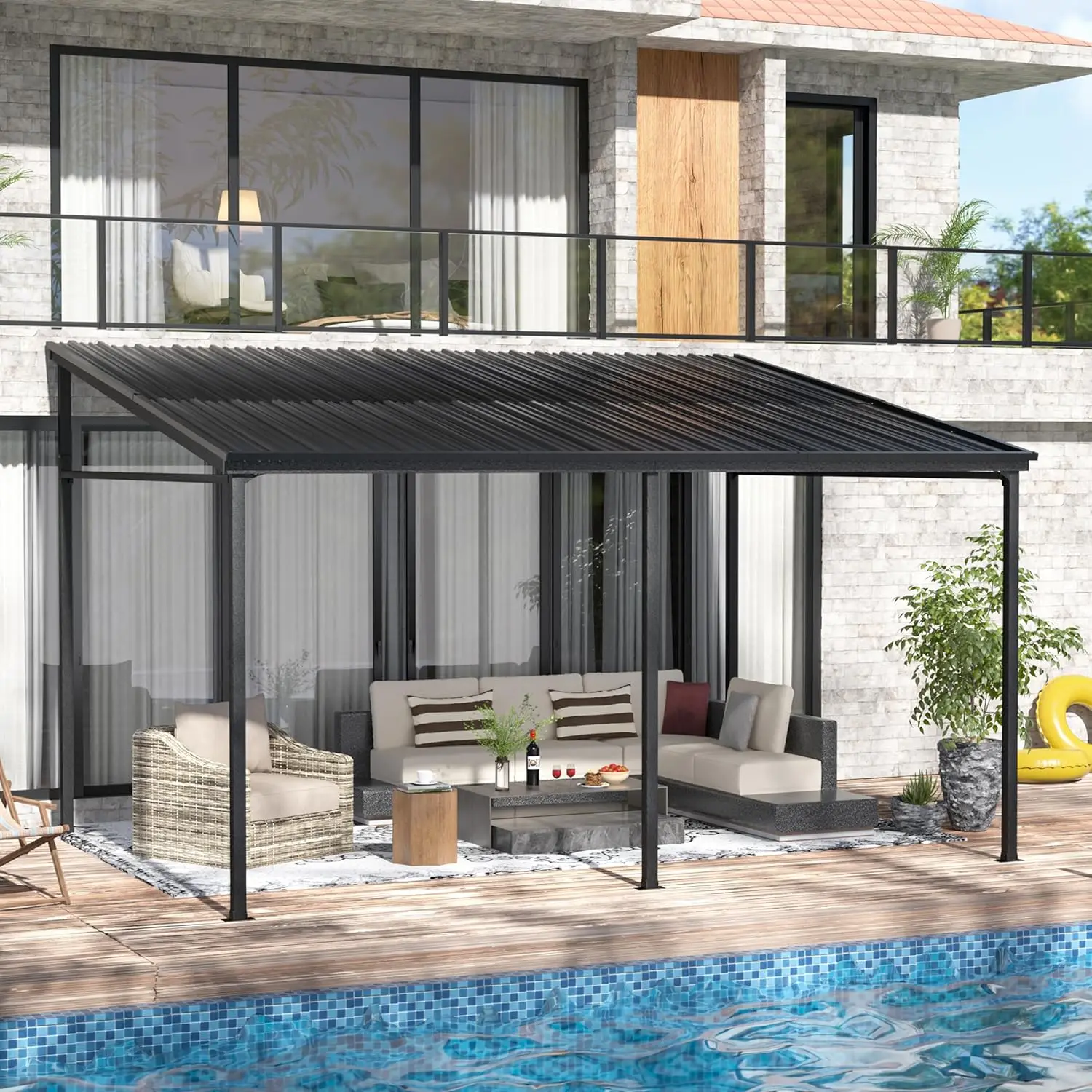 Gazebo de techo totalmente metálico montado en la pared con tapa dura de 10x14 pies con estructura triangular, dosel de pérgola exterior con marco de hierro