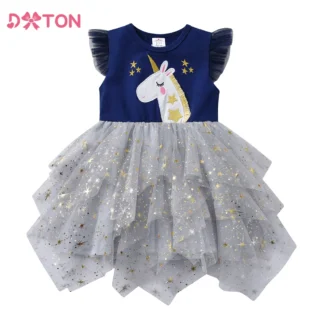 DXTON-vestido de dibujos animados para niñas, apliques de unicornio, vestidos sin mangas para niños, vestido de princesa Irregular de tul, ropa de actuación para niños