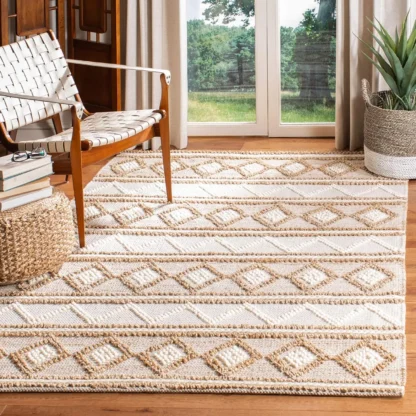Alfombra de área de colección de fibra natural - 6' X 9', beige y marfil, yute y lana tribales bohemios marroquíes hechos a mano, I para áreas de alto tráfico