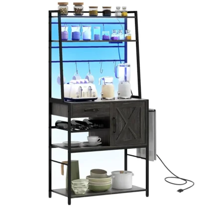 Baker'S Ra con toma de corriente y luces LED, gabinete de cafetería con estantes de almacenamiento, soporte industrial para microondas con vino