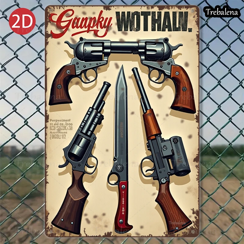 Letrero de Metal plano 2D de 8x12 pulgadas, pistolas occidentales Vintage y decoración artística con cuchillo, 1 ud.