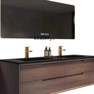 Mueble de baño de cerámica, lavabo completo con placa de piedra de roble rojo, lavabo doble inteligente, combinación de armario de pared
