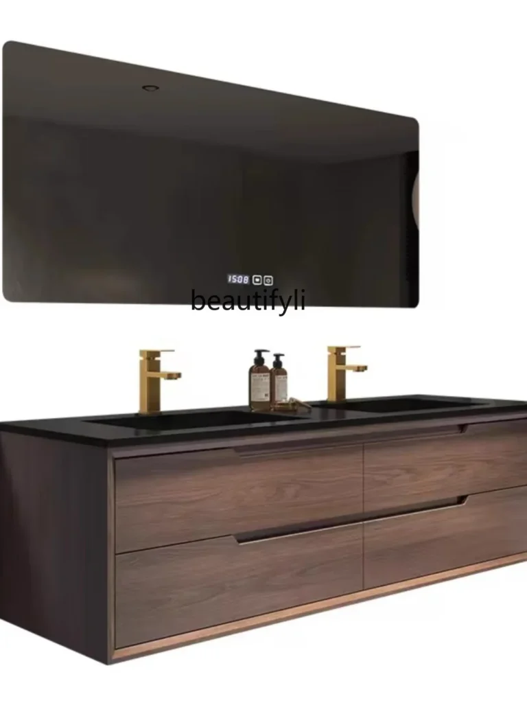Mueble de baño de cerámica, lavabo completo con placa de piedra de roble rojo, lavabo doble inteligente, combinación de armario de pared
