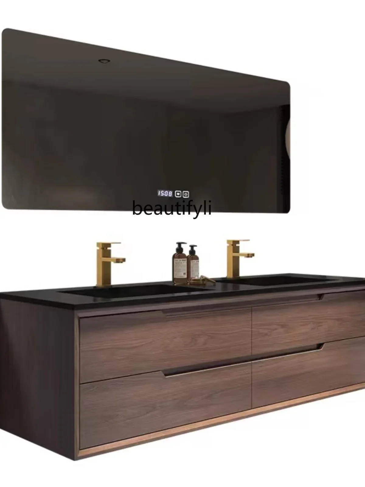 Mueble de baño de cerámica, lavabo completo con placa de piedra de roble rojo, lavabo doble inteligente, combinación de armario de pared