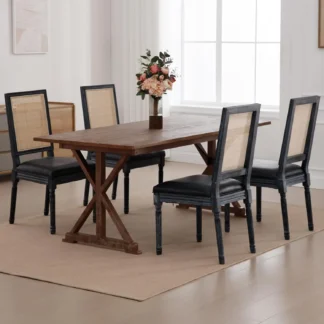 Juego de 4 sillas de comedor de ratán de granja, sillas francesas de cuero con respaldo cuadrado, sillas auxiliares rústicas con patas de madera Bla para
