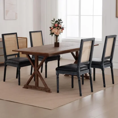 Juego de 4 sillas de comedor de ratán de granja, sillas francesas de cuero con respaldo cuadrado, sillas auxiliares rústicas con patas de madera Bla para
