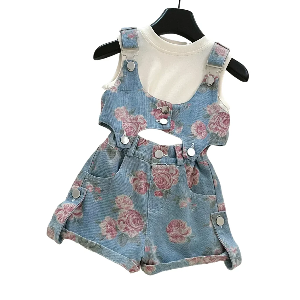 Conjunto de 3 uds de camisetas vaqueras florales de verano para niñas, conjunto con camiseta interior fina, traje fresco para niñas de 2 a 10 años