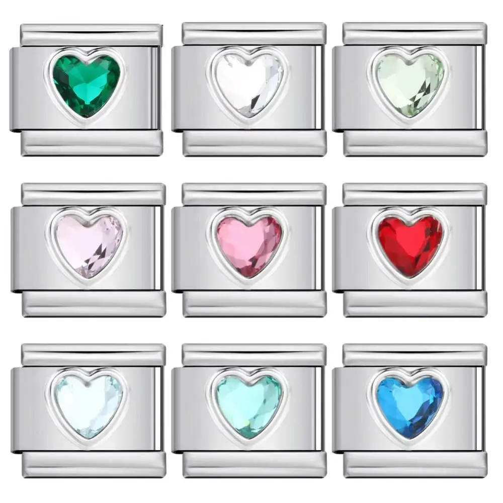 Módulo de pulsera de joyería DIY, herramienta de fabricación de pulseras de circonia colorida con corazón, accesorios de fabricación de pulseras de acero inoxidable de 9mm