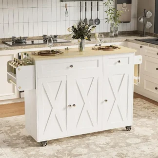 Mesa con ruedas para isla de cocina de 56"" con hoja abatible, isla de cocina con cajones y gabinete con estantes ajustables, grande