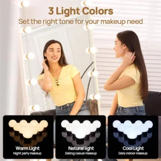 Luces de tocador LED para espejo, luces de tocador USB con 10 bombillas regulables, bombilla de peso ajustable para espejo de maquillaje de 3 colores