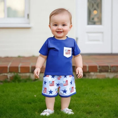 Conjuntos para el Día de la Independencia para niños y bebés, Tops de manga corta con cuello redondo y bolsillo con estampado de bandera, pantalones cortos de cintura elástica, conjunto para niños pequeños