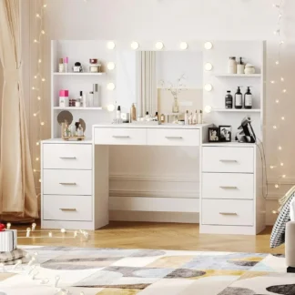 Tocador de maquillaje con espejo y luces, tocador con regleta, cajón grande y seis cómodas de almacenamiento abiertas, tocador