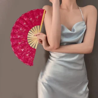 Abanico plegable portátil, elegante ventilador plegable de encaje con borlas, costillas huecas, accesorio de actuación de baile de estilo europeo Vintage para mujer