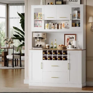 Gabinete de almacenamiento de despensa de cocina de 71 pulgadas con soporte para microondas, gabinete de cocina independiente con 10 estantes para vino, 5 gabinetes y 2