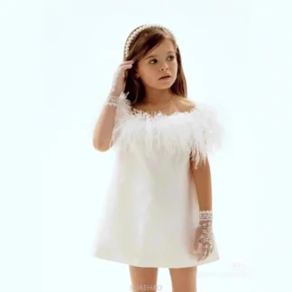 2025 vestido de princesa para niñas, vestido de fiesta de cumpleaños, plumas blancas, trajes formales a juego para banquete de actuación de Piano y bautismo