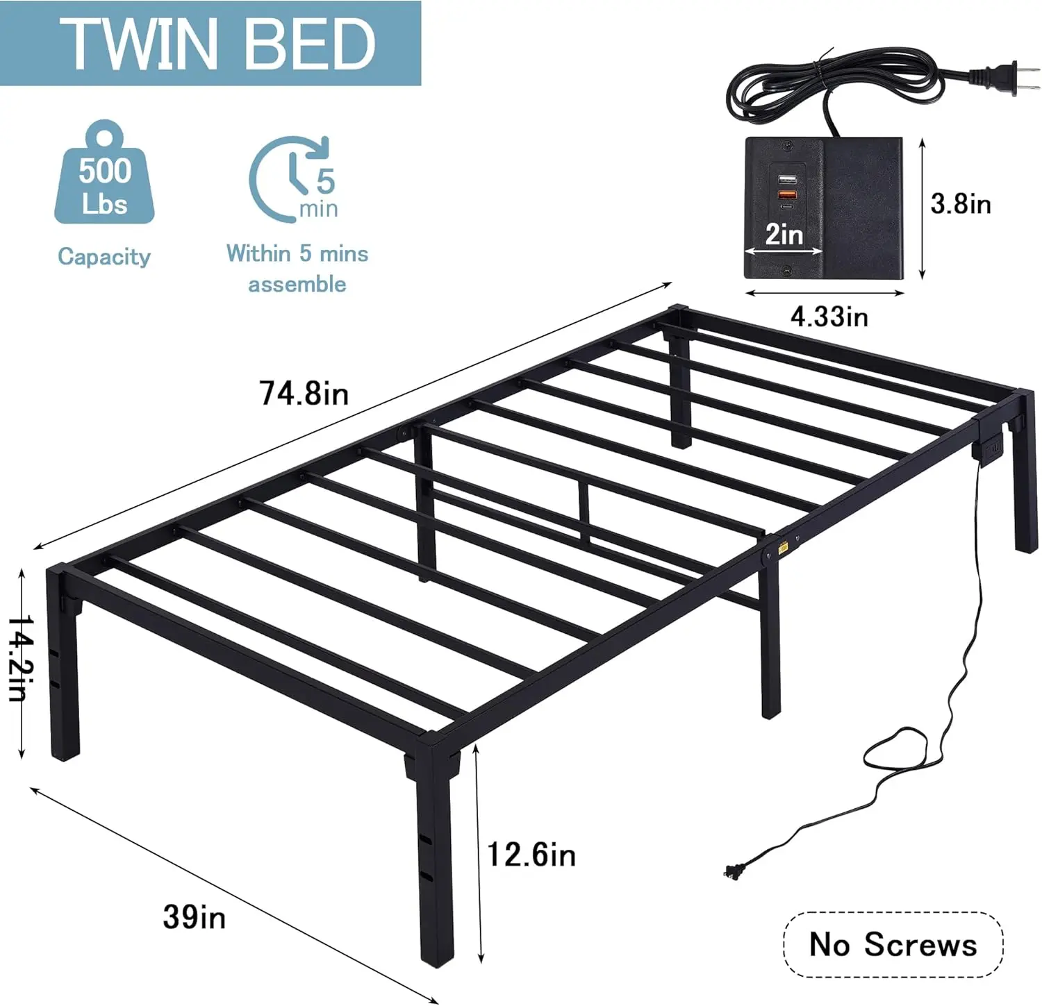 Marco de cama de tamaño doble de 14 "con estación de carga para niños, sin tornillos, plataforma de Metal, base de colchón, sin resorte de caja