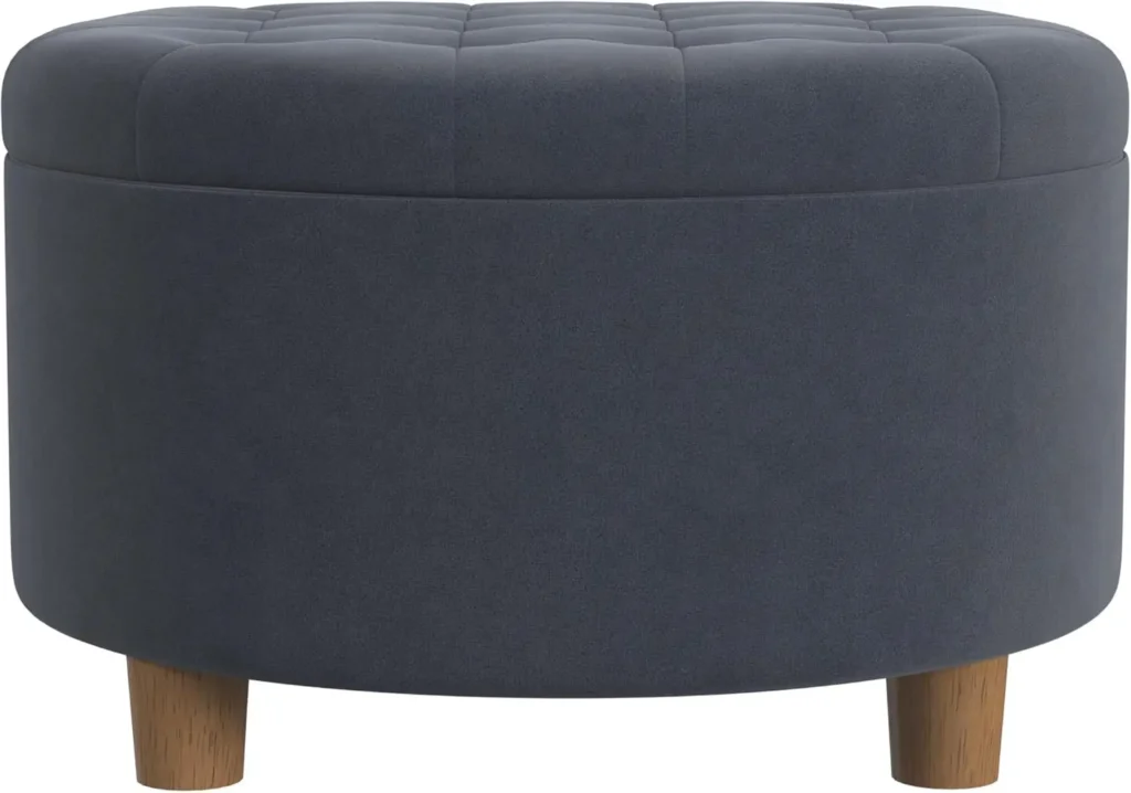Otomana redonda de terciopelo con botones para decoración del hogar, otomana de almacenamiento para sala de estar y dormitorio, de acero y terciopelo azul