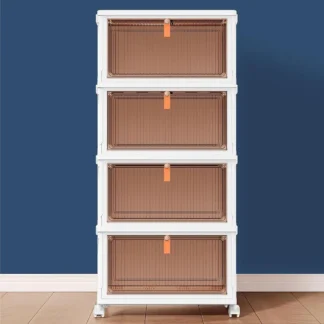 Contenedores y cajas de almacenamiento de plástico de 4 niveles, organizador, apilable con tapas para dormitorio, sala de estar, cocina, oficina, plegable