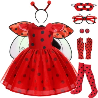 Vestido de Cosplay de mariquita para niñas pequeñas, vestidos de manga voladora con puntos rojos, disfraz de fiesta para niños, ropa informal de verano