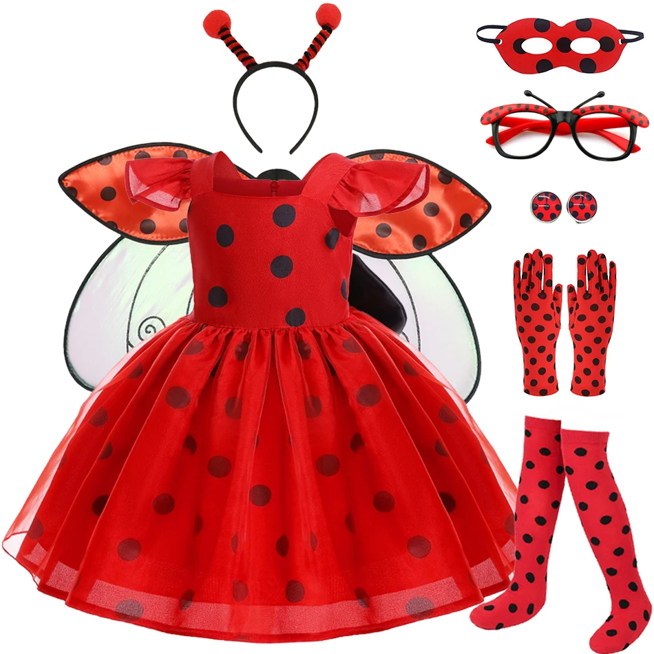 Vestido de Cosplay de mariquita para niñas pequeñas, vestidos de manga voladora con puntos rojos, disfraz de fiesta para niños, ropa informal de verano