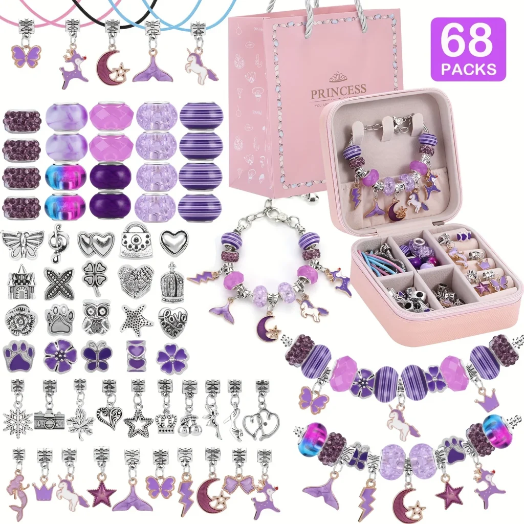 68 Uds. De dijes de cuentas moradas, pulsera hecha a mano, collar, serie de sirena y unicornio, conjunto de regalo para regalo hecho a mano