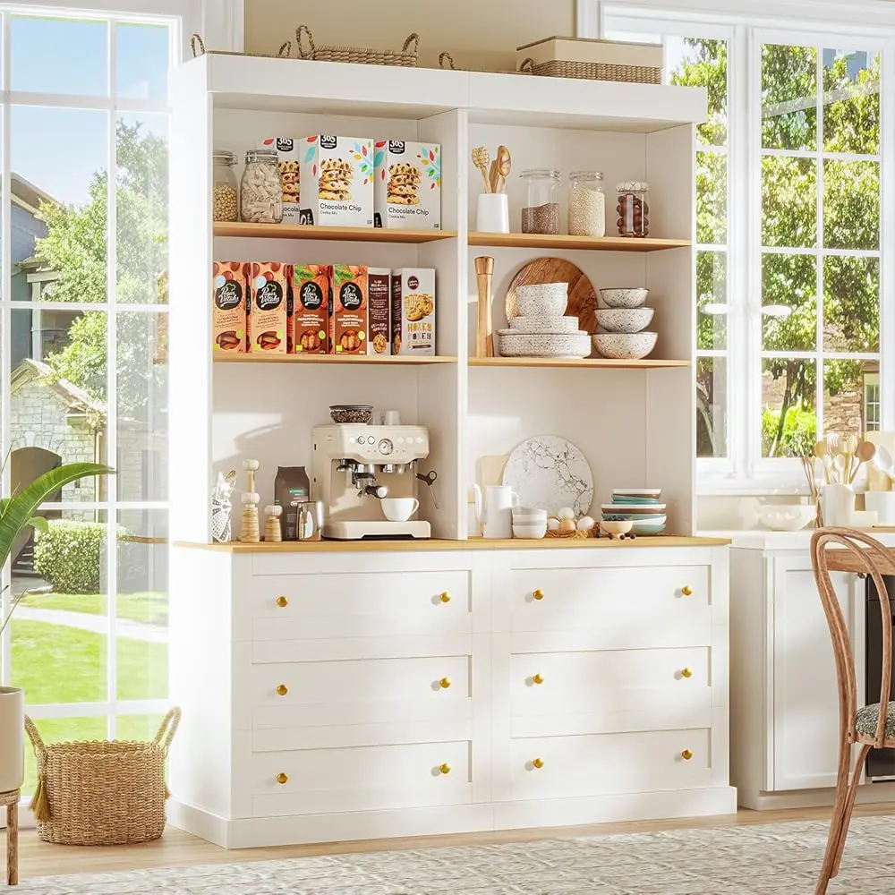 Despensa de cocina de granja alta de 71"", gabinete de almacenamiento grande con cajones, aparador independiente para cafetería con soporte para microondas,