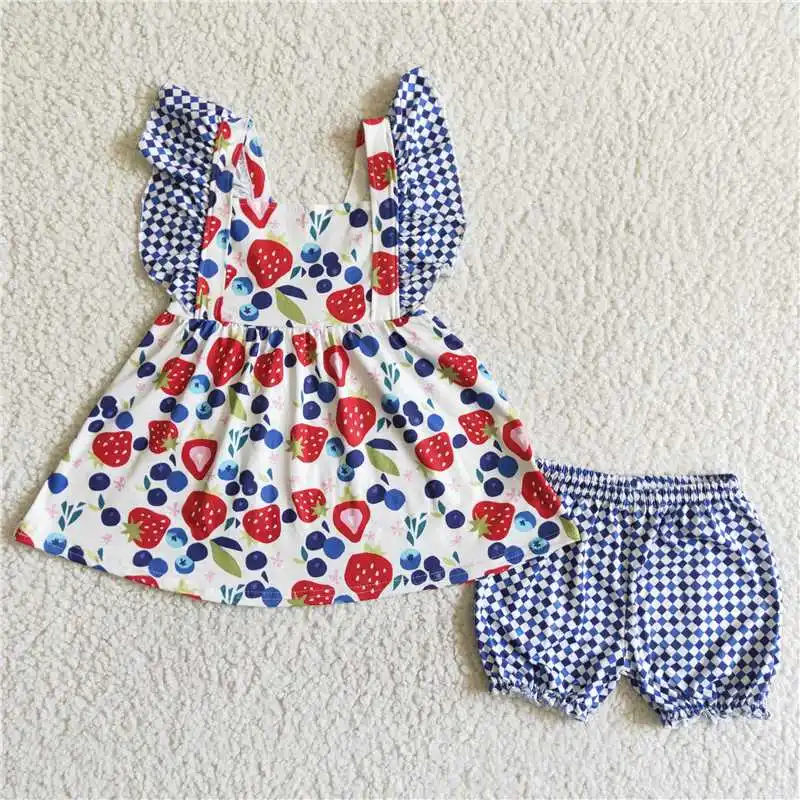 Pantalones cortos sin mangas de verano para niñas, estampado de patrón multielemento, colores brillantes, tres capas de volantes, venta al por mayor