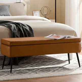 Banco otomano de almacenamiento de cuero, banco de extremo de cama, sala de estar, dormitorio, comedor, entrada, carga de 660 lb (sin botón, marrón)