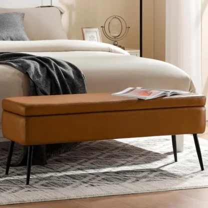 Banco otomano de almacenamiento de cuero, banco de extremo de cama, sala de estar, dormitorio, comedor, entrada, carga de 660 lb (sin botón, marrón)